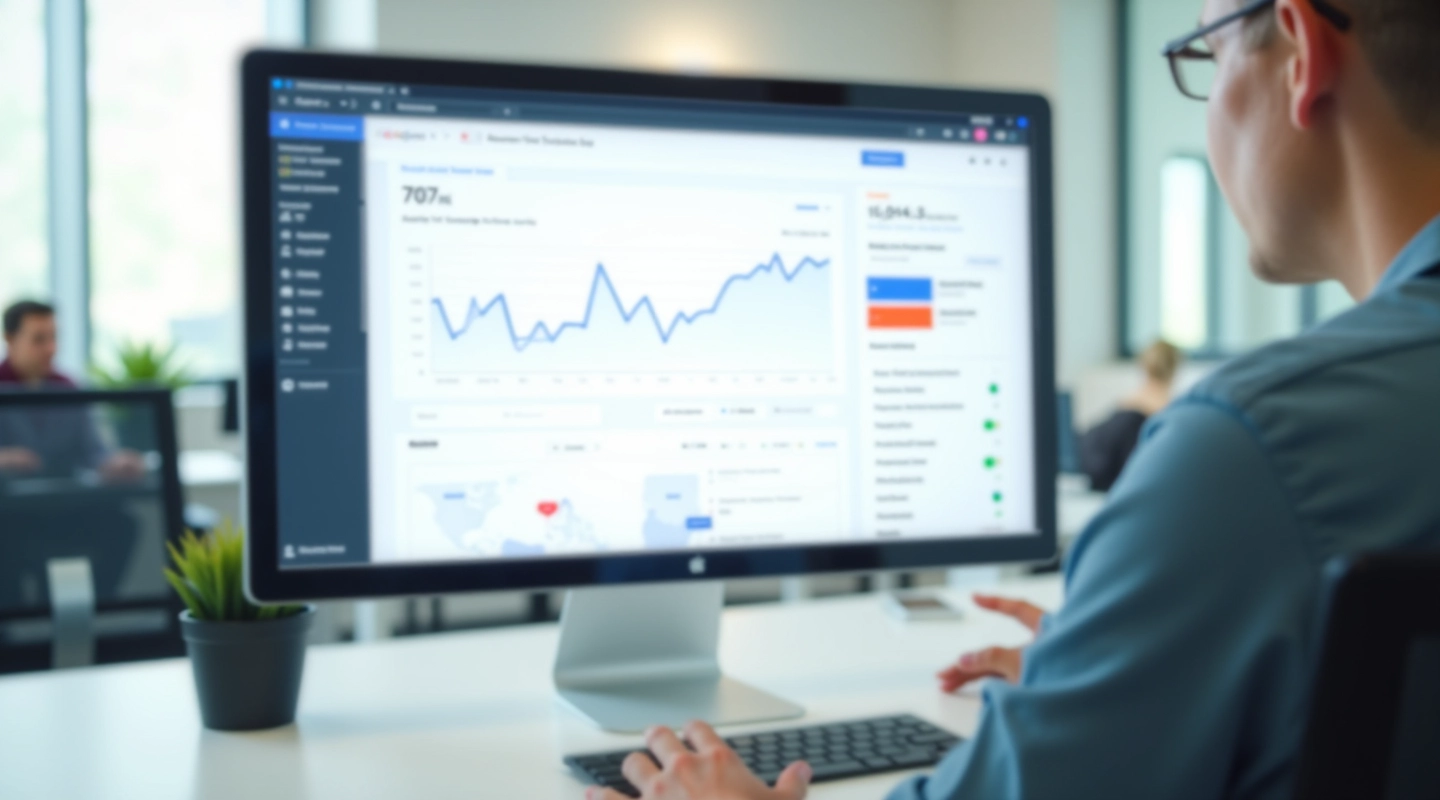 Kompiuterio ekranas su Google Search Console ataskaitomis ir grafikai, šviesos biure
