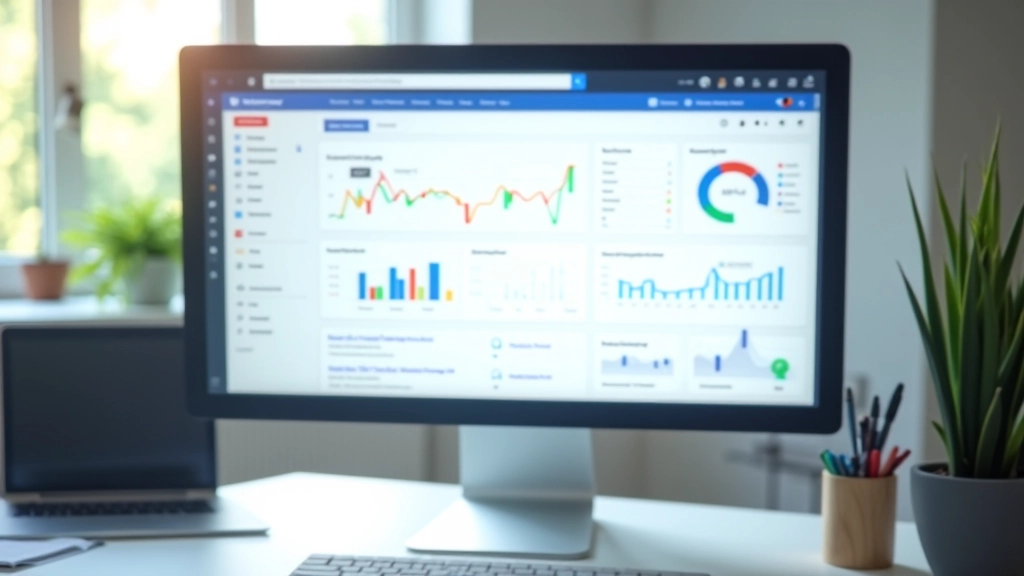 Kompiuterio monitorius su Google Search Console skydžiu ir analitikos diagramomis