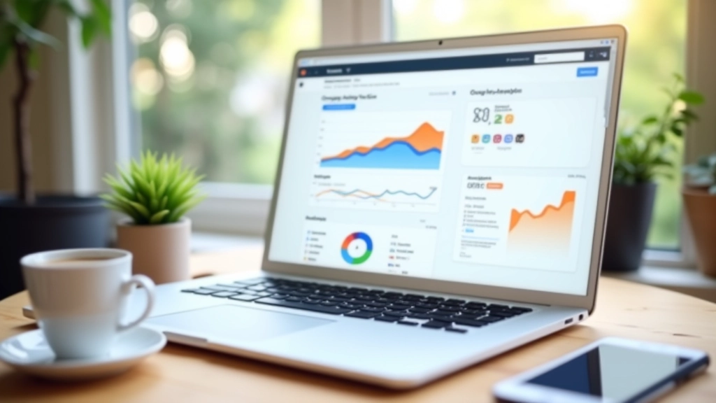 Nešiojamasis kompiuteris su Google Analytics praskaidra, kuri rodo sesijų skaičių ir konversijų tendencijas