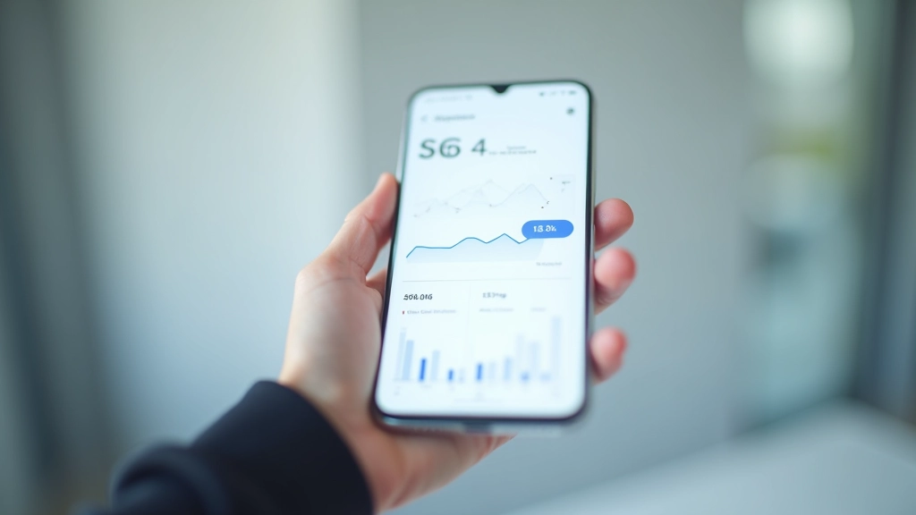 Mobiliojo telefono ekranas su SEO ataskaita ir diagrama, minimalaus dizaino fonas