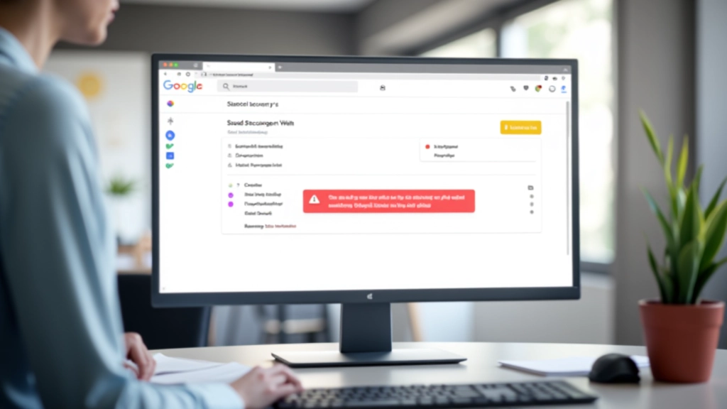 Google Search Console ekranas su saugumų perspėjimais ir rankinių veiksmų sekcija, raudoni įspėjimai